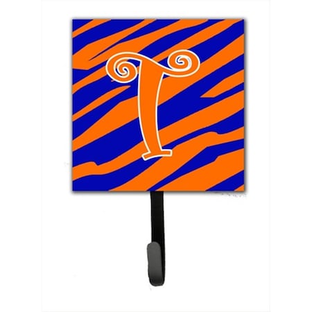 Jensendistributionservices 4.25 x 6 in. Letter T Initial Tiger Stripe Blue and Orange Leash Or Key Hook MI1709718